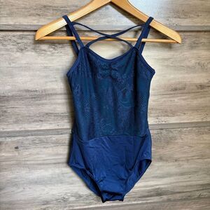 Weissman Navy Blue Lace Top Leotard excellent preworn condition LC Large Child